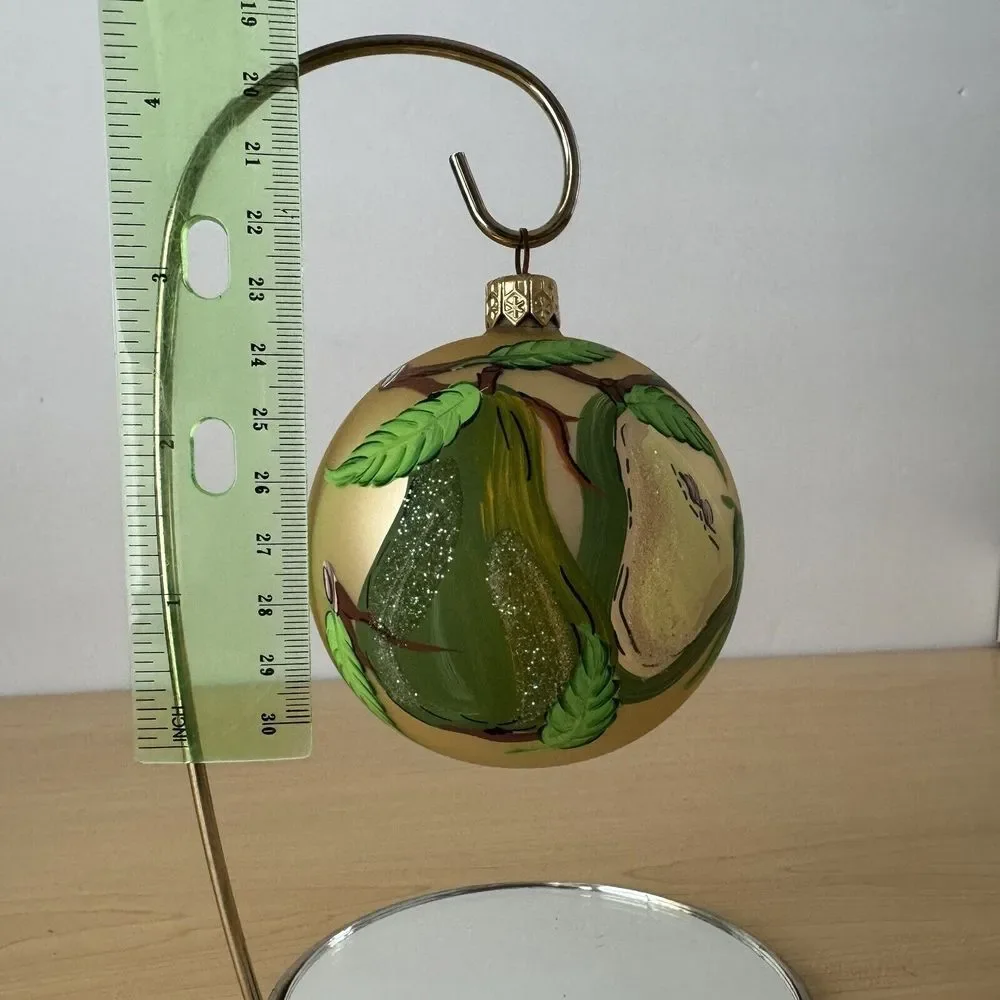 Vtg Christmas Ornament Hand Painted Pear Fruit Gold Glitter Sugared Frosted Gold